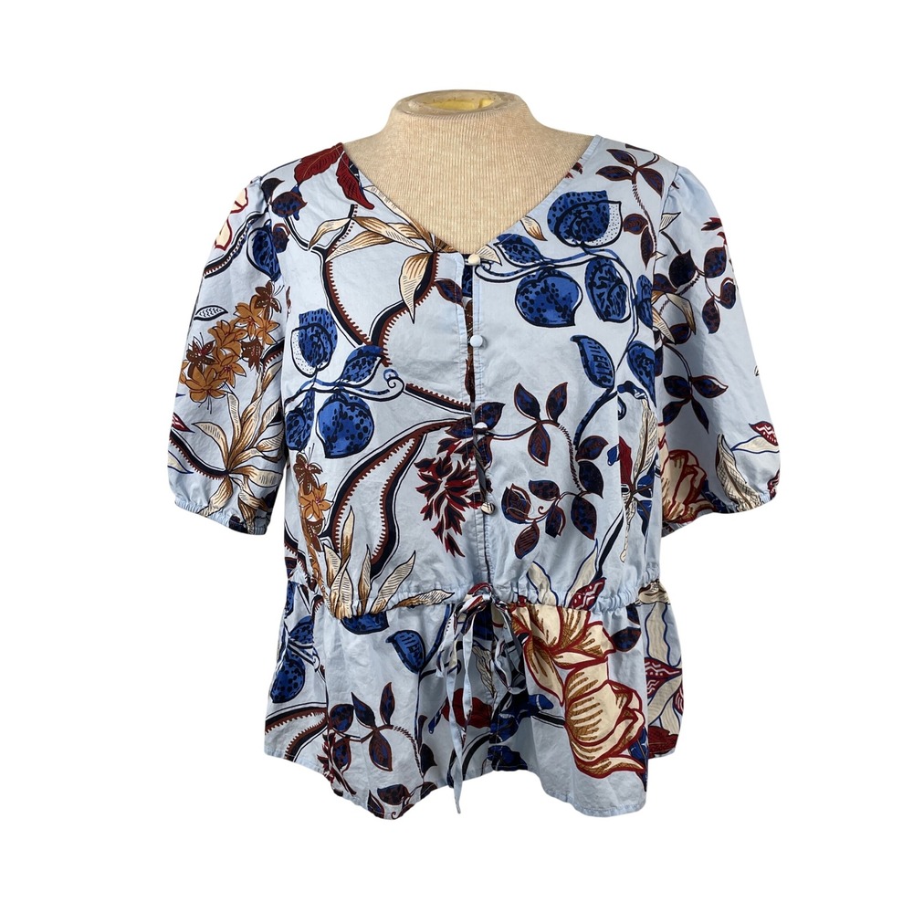 Talbots Plus Women's Blue Tropical Floral Cotton Button Front Drawstring Top X